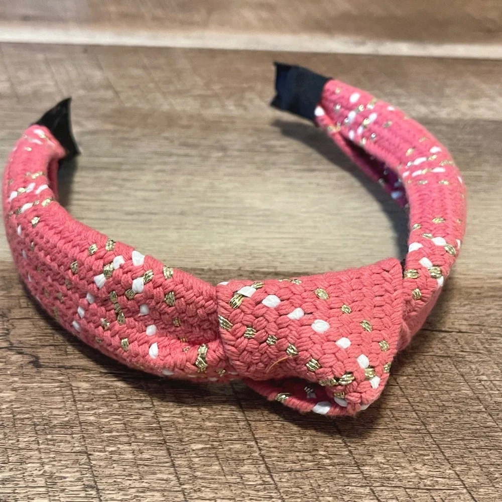 Coral Pink Cotton Knotted Headband Sparkle Gold White Dots Women Accessory